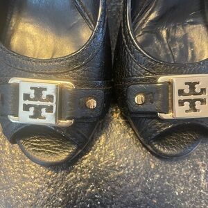 Tory Burch Black Leather Peep-Toe Flats with Gold Accents